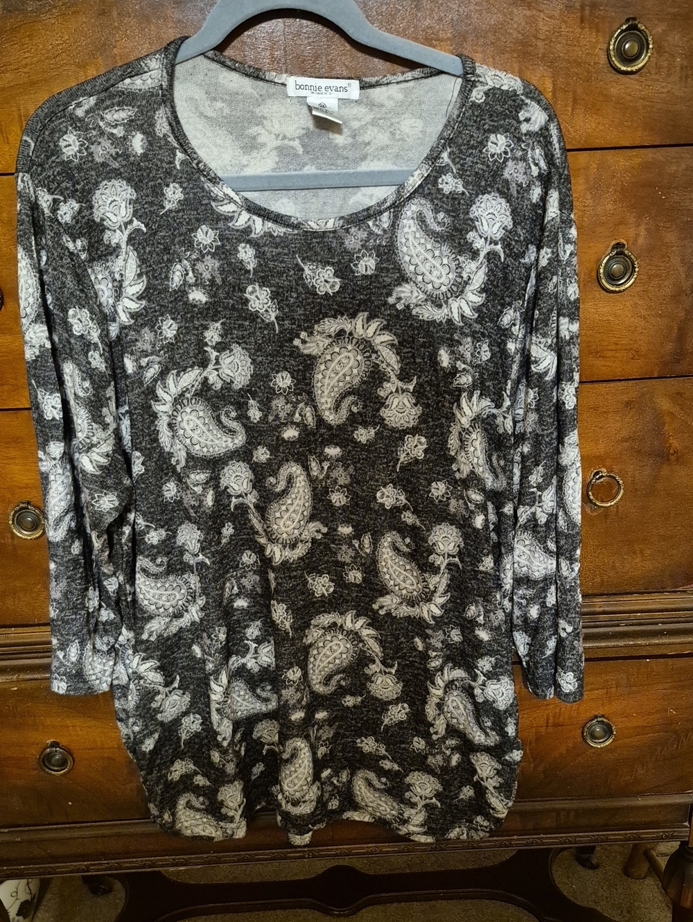 Bonnie Evans Polyester Spandex Women's Black & White Paisley Long Sleeve Top 2x